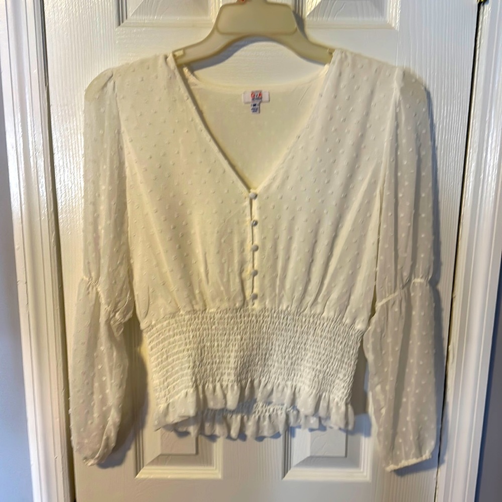 White Cropped Dressy Blouse. Sheer sleeves. Worn once.